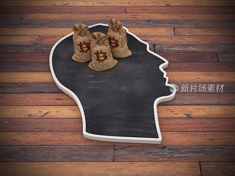 人的头形状与比特币金钱袋在木地板- 3D渲染